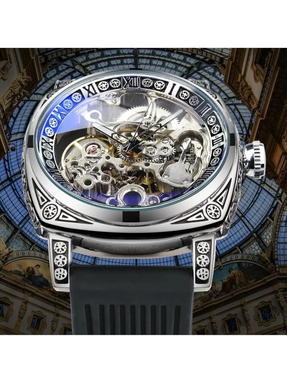 Men's Black Square Mechanical Rubber Buckle Self-Wind Carved Automatic Watch - Picture 2 of 6